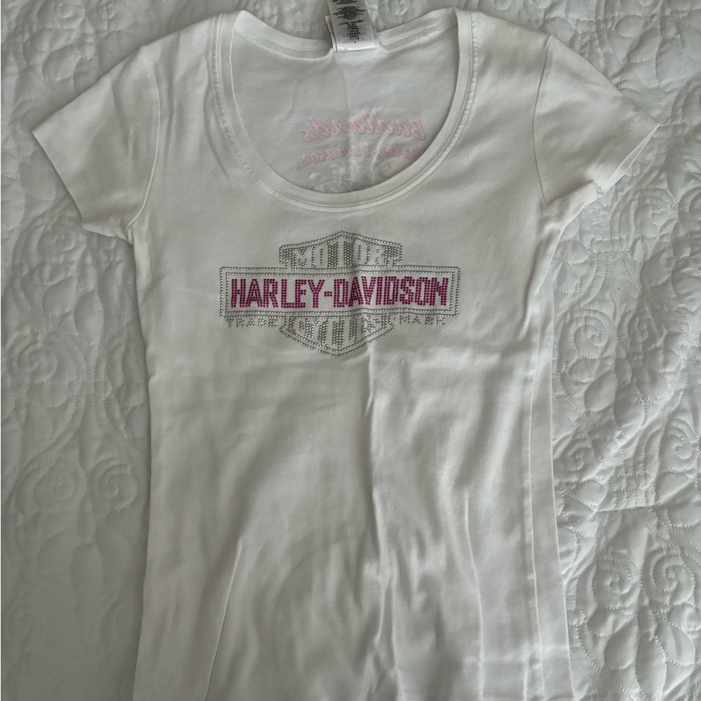 Vintage Harley Davidson White Tee with rhinestones